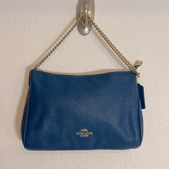 Coach Carrier Blue Pebbled Leather Mini Shoulder Bag With Luxe Gold Chain Strap - Picture 1 of 12